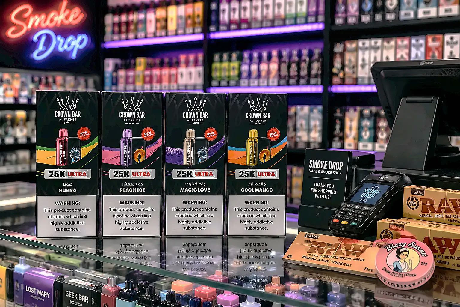 Checkout counter and vape display at Smoke Drop Edgebrook, Houston