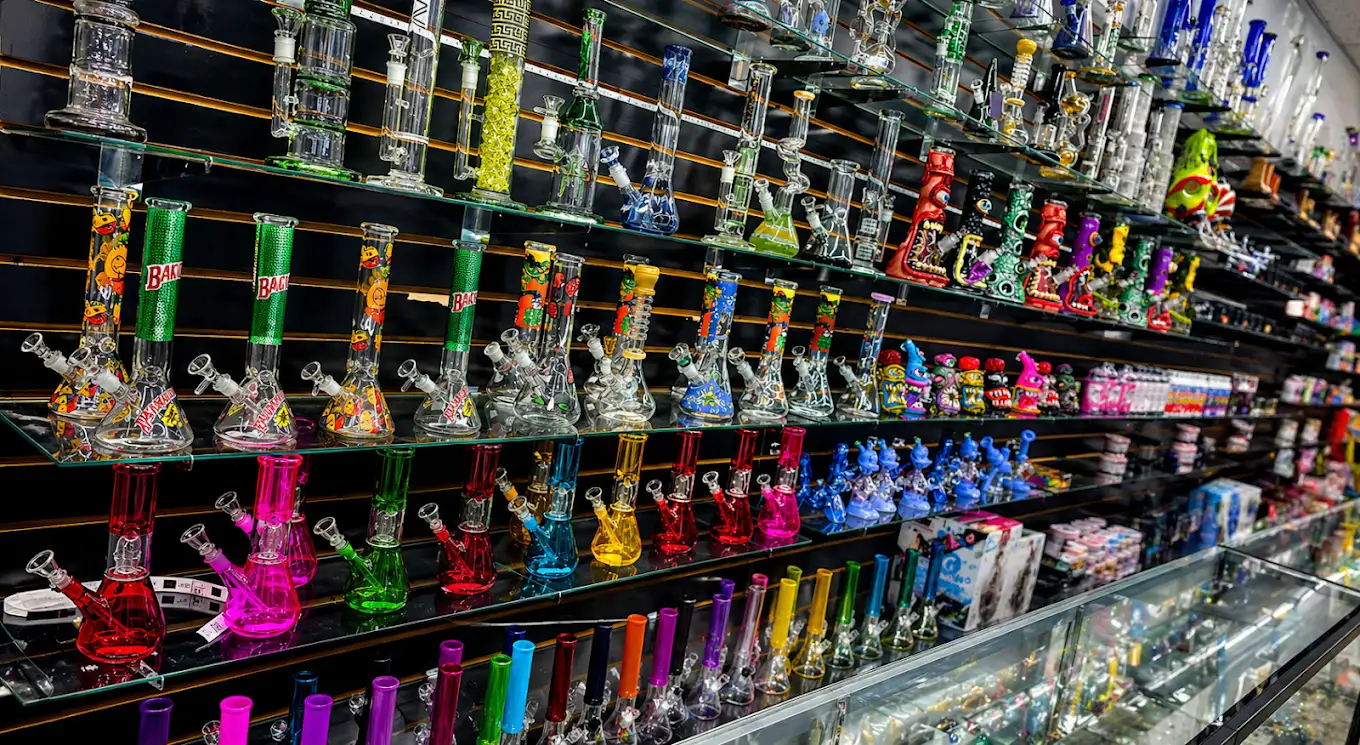 Glass water pipes and bongs on display at Smoke Drop Edgebrook