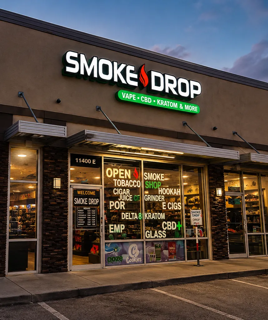 Smoke Drop's Gulf Freeway storefront in Houston at dusk