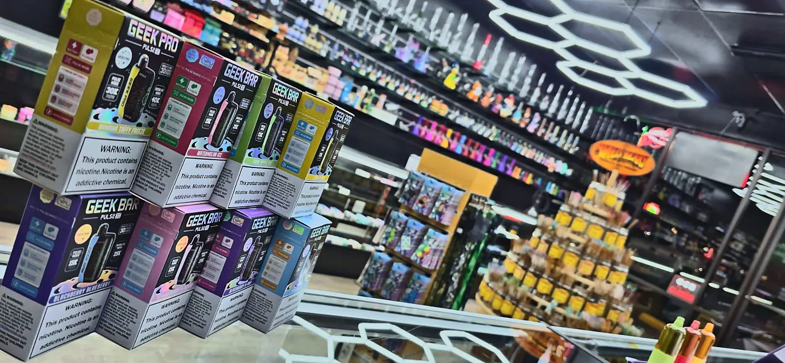 Product shelves inside Smoke Drop's 24-hour Hobby-area store