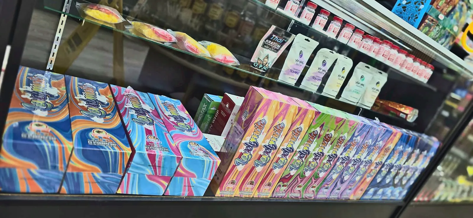 Kratom shelf at Smoke Drop's 24-hour Houston store