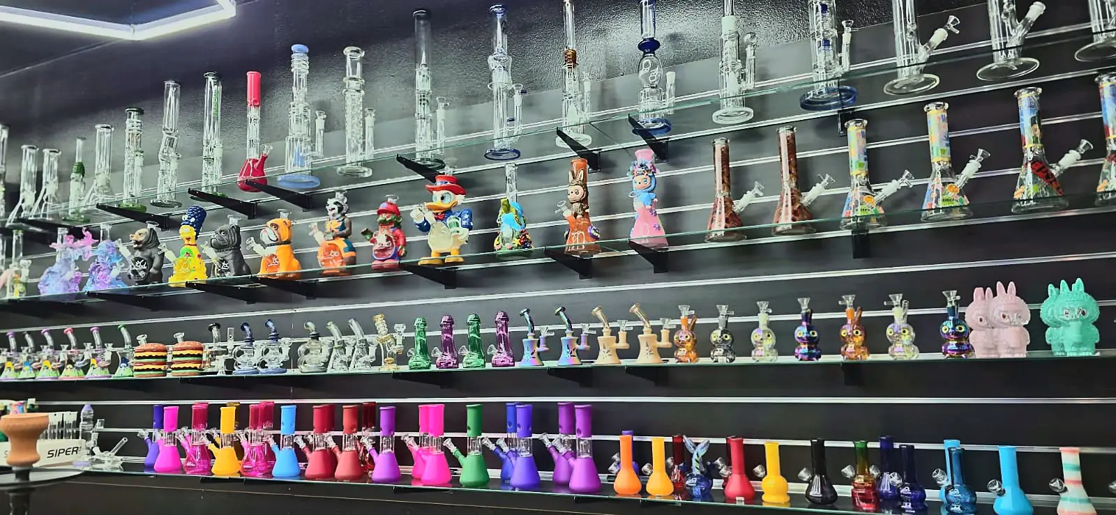 Water pipes and bongs at Smoke Drop's 24-hour Houston store